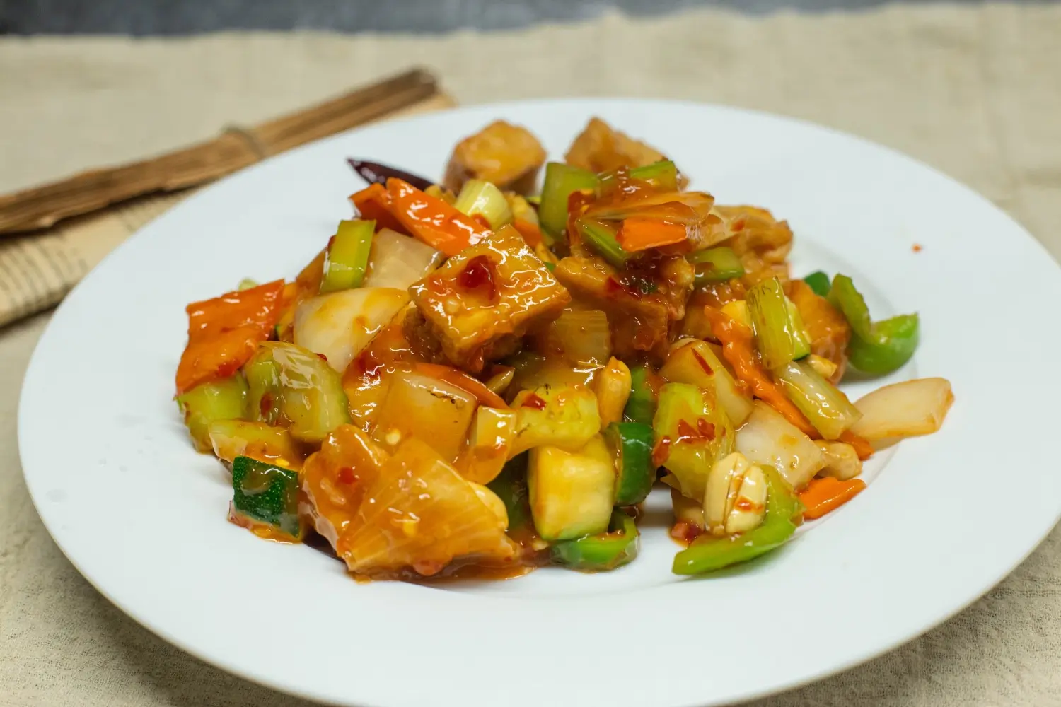Dried pepper peanut, carrot and soft tofu in soychili garlic sauce at Happy Valley Wok, a Asian Restaurant in Happy Valley