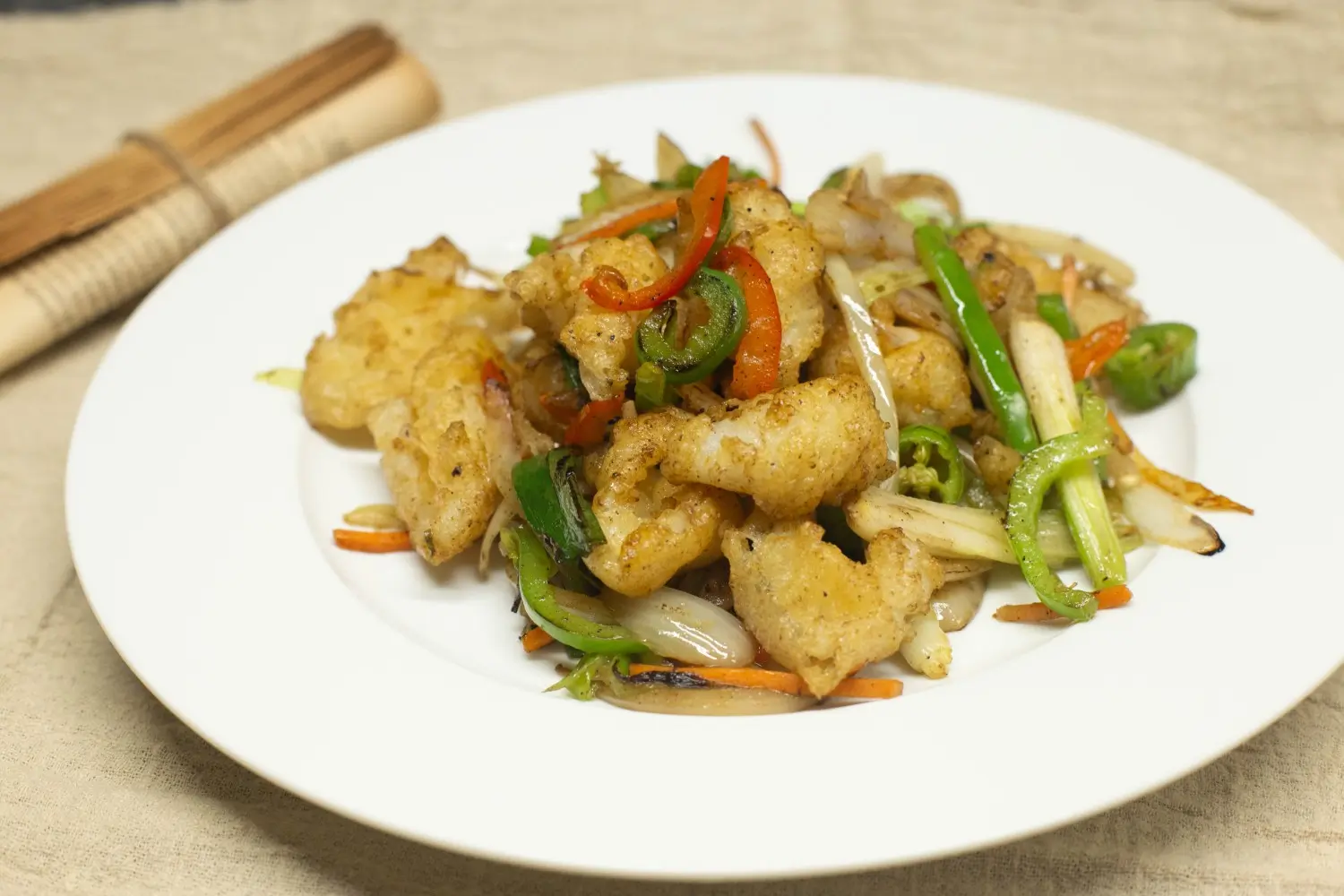salt & Pepper squid with jalapeno, onion, scallion, bell pepper at Happy Valley Wok, a Asian Restaurant in Happy Valley