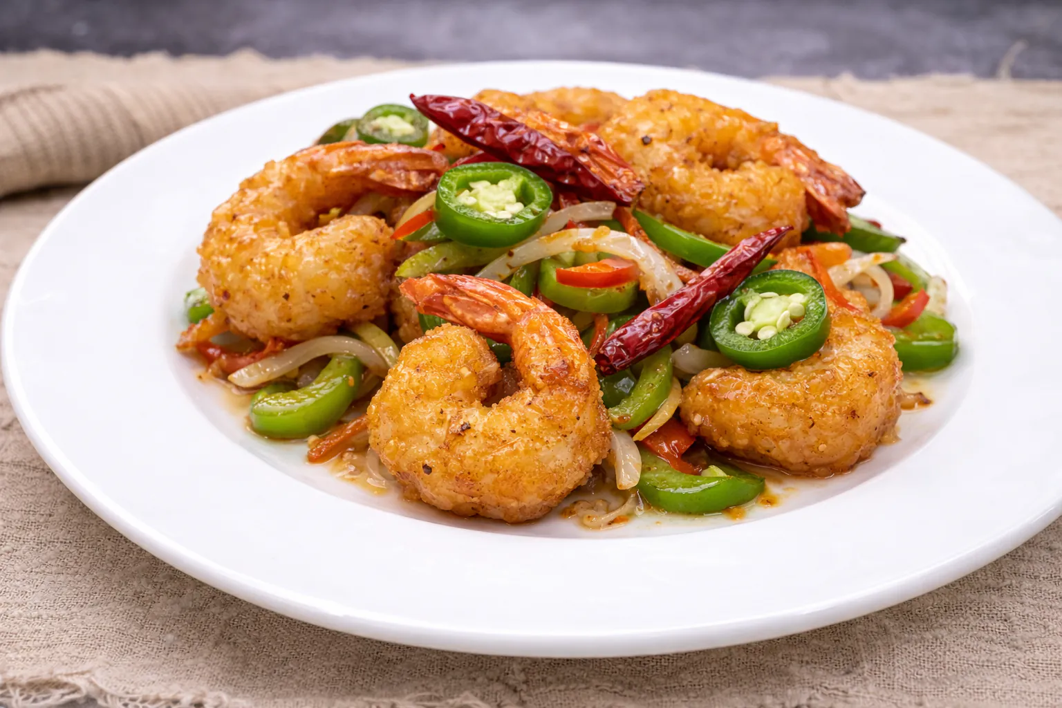 Crispy shrimp with spicy chili peppers and onions at Happy Valley Wok, a Asian Restaurant in Happy Valley
