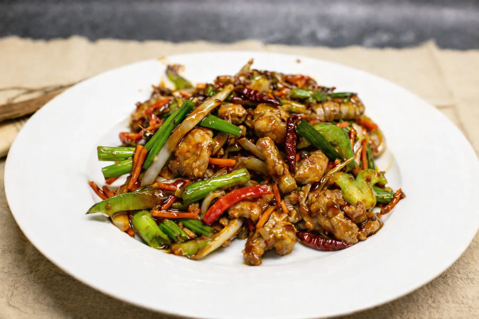 Spicy kung pao chicken with scallions and dried chilies at Happy Valley Wok, a Asian Restaurant in Happy Valley