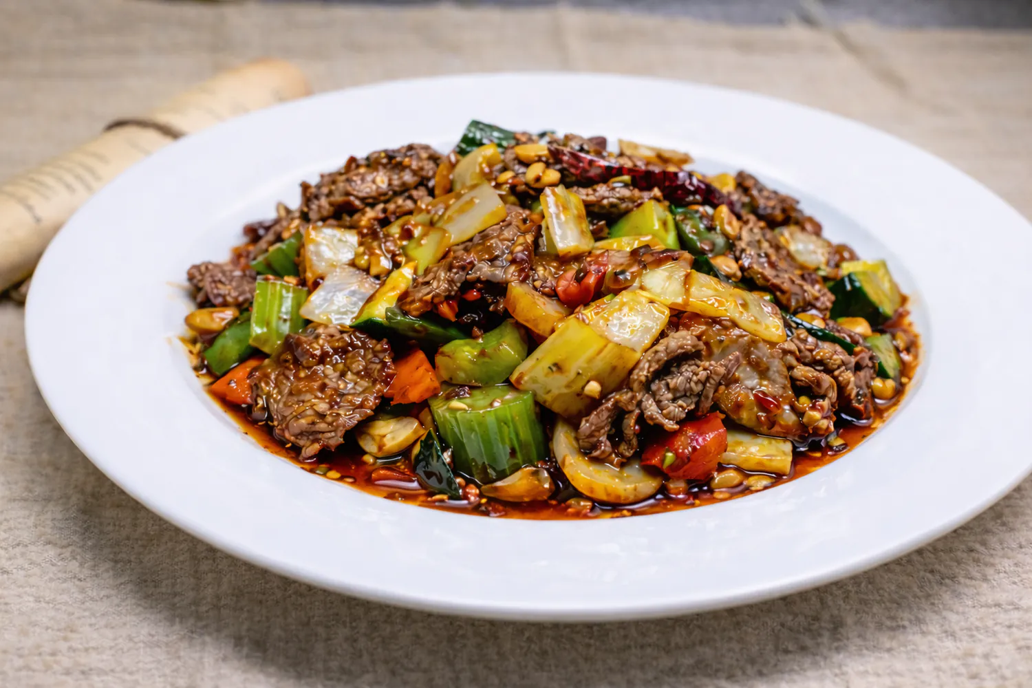 Spicy Szechuan beef with scallions and chili sauce at Happy Valley Wok, a Asian Restaurant in Happy Valley